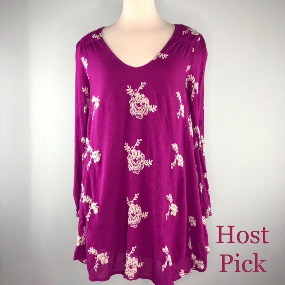 Free People Purple Emma Embroidered Floral Dress Size XS Tunic Swing Boho White